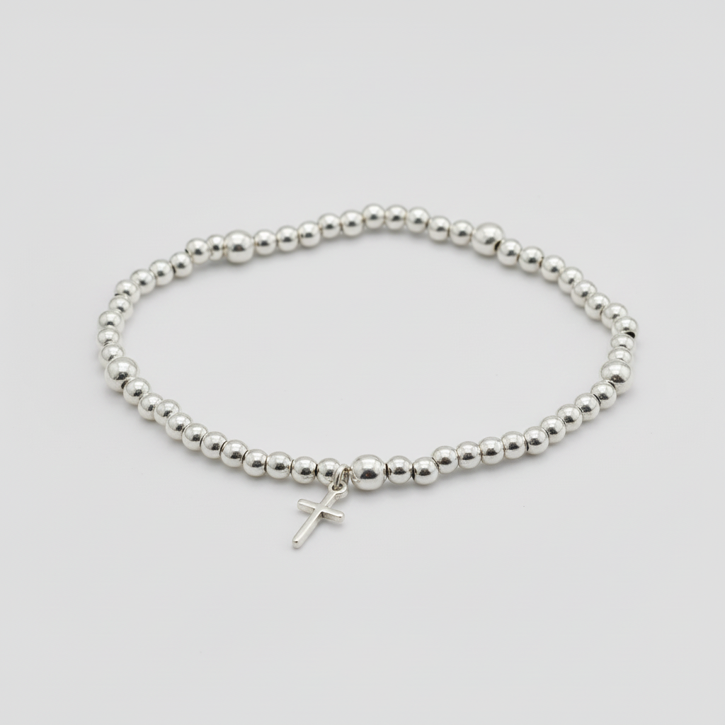 Pulsera Rosario elástica artesanal en Zamak