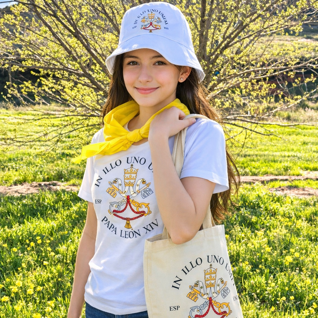 Pack completo Visita del Papa a España 2026 - Camiseta + Pañuelo + Gorro + Bolsa tela